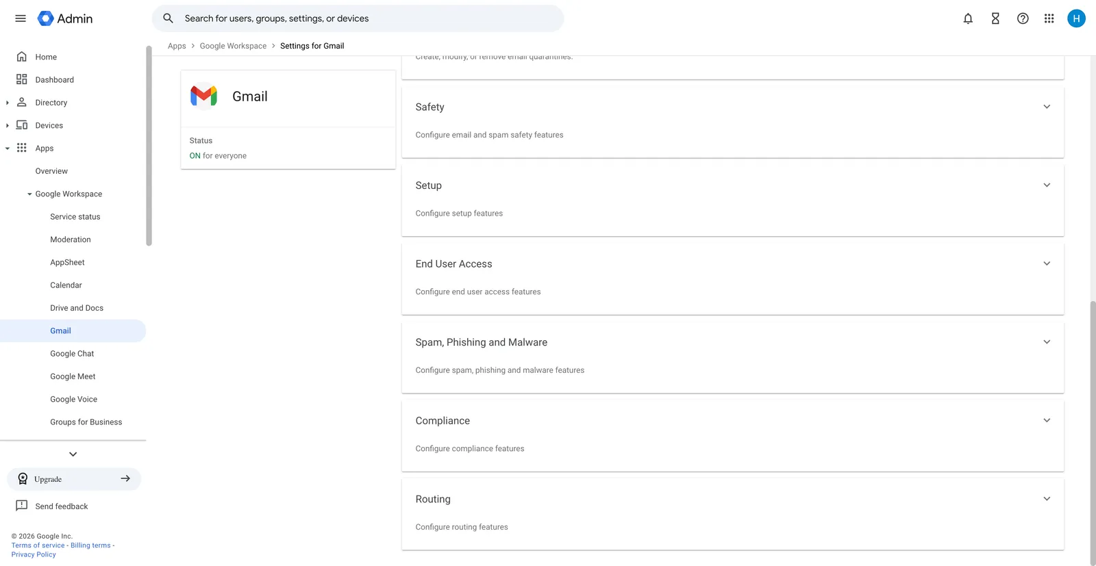Gmail settings routing section